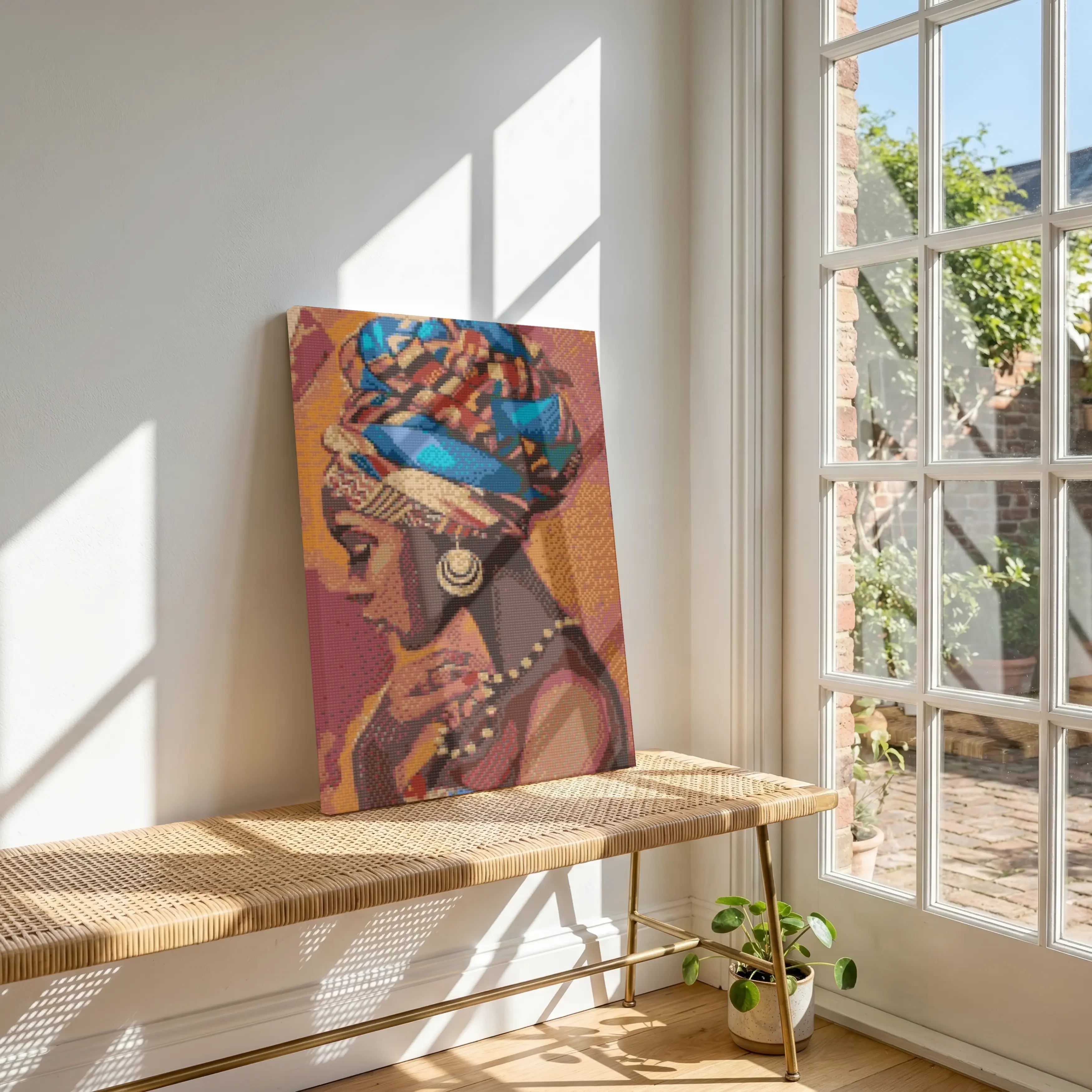 Canvas print of a stylized portrait on a bench in a bright room with large windows. African Woman Portrait | Diamond Painting Kit