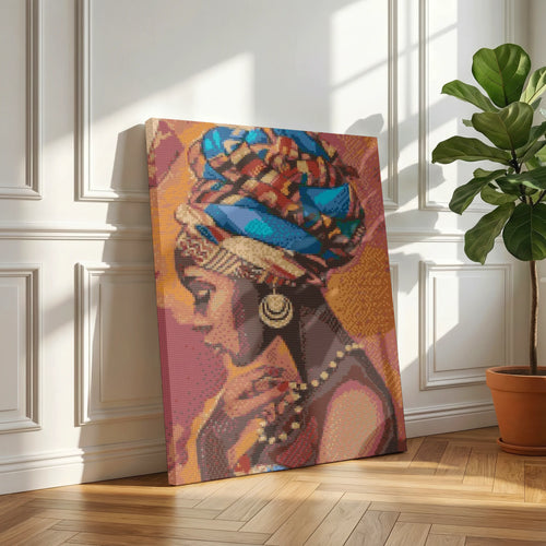 Colorful tapestry of a woman's profile on a wooden floor with a plant in the background African Woman Portrait | Diamond Painting Kit