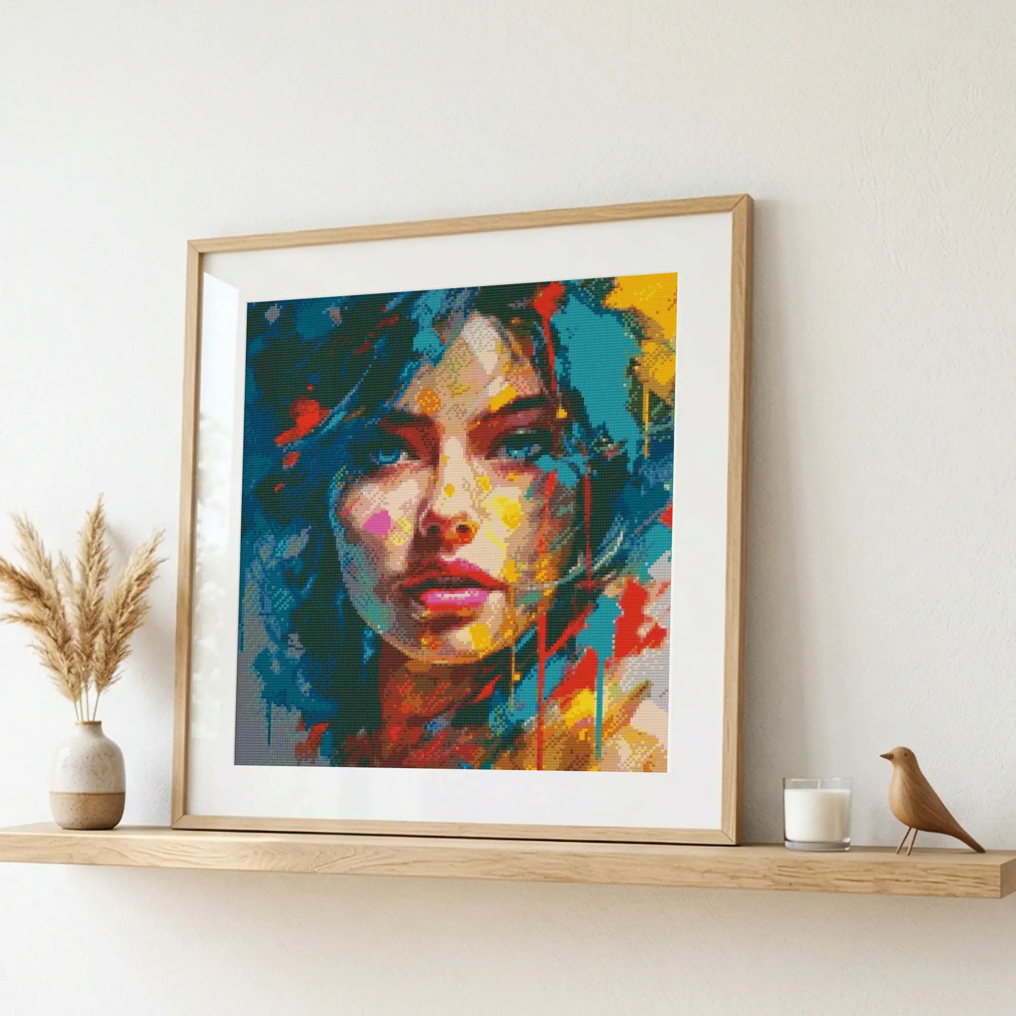 Colorful abstract art print of a woman's face in a wooden frame on a shelf. Electric Portrait | Diamond Painting Kit