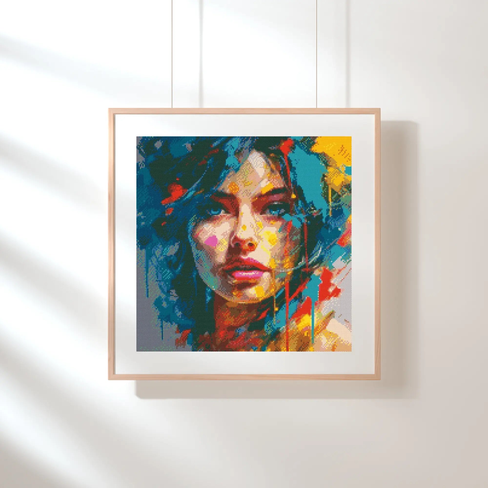 Framed colorful abstract painting of a woman's face on a white wall Electric Portrait | Diamond Painting Kit