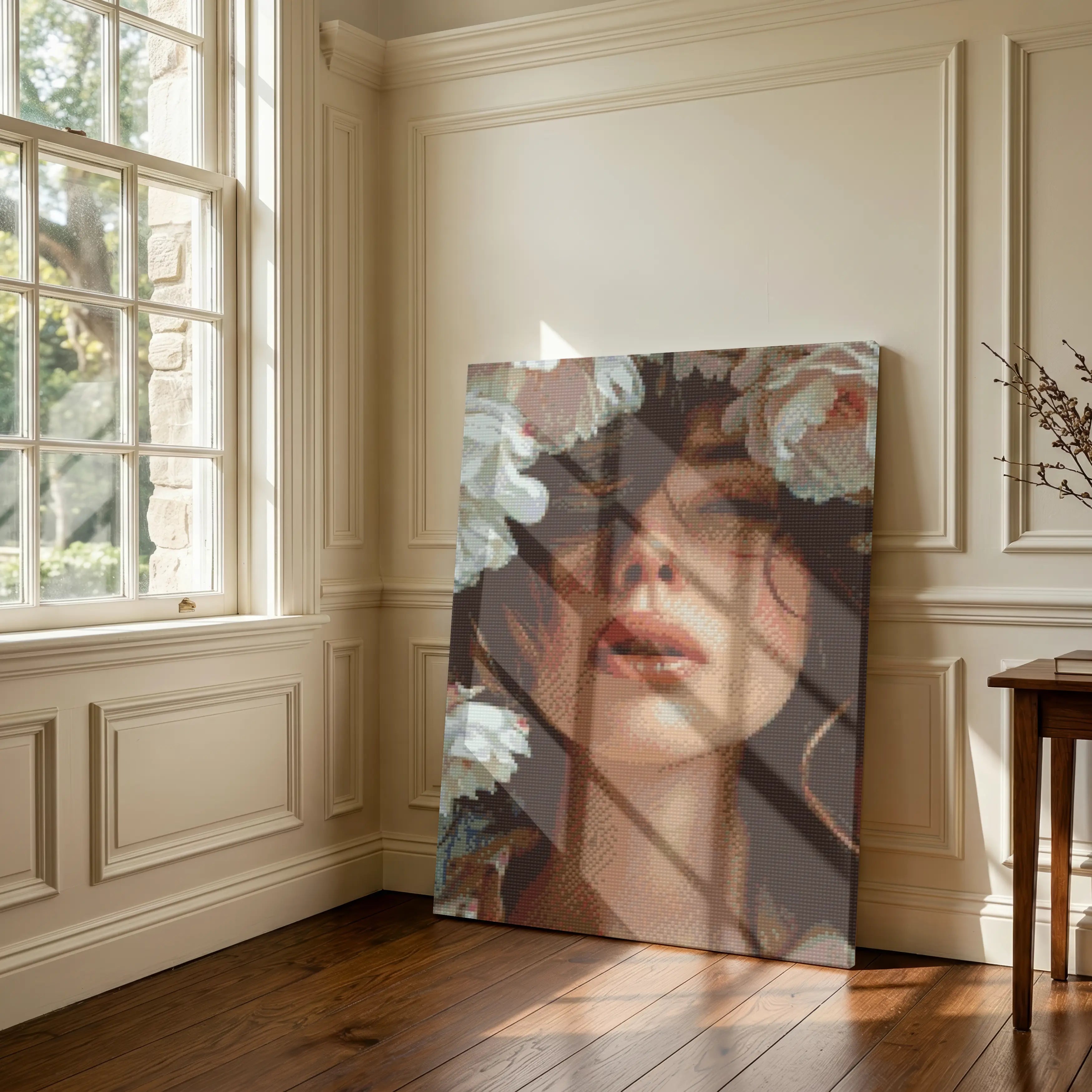 Artistic portrait of a woman with flowers in a room with a window and wooden floor. Flora Veil | Diamond Painting Kit