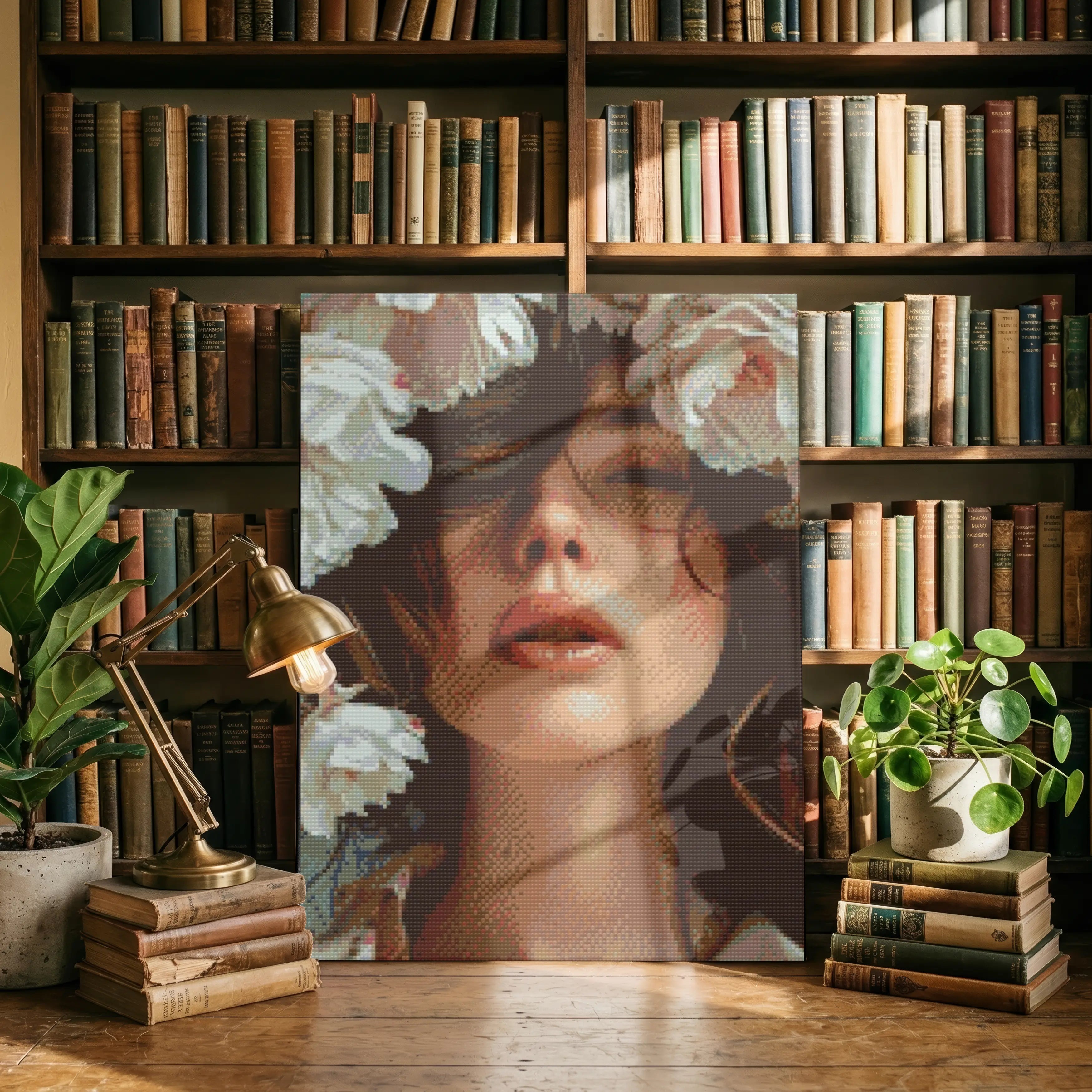 Canvas print of a woman's face with flowers in a room with bookshelves and plants Flora Veil | Diamond Painting Kit