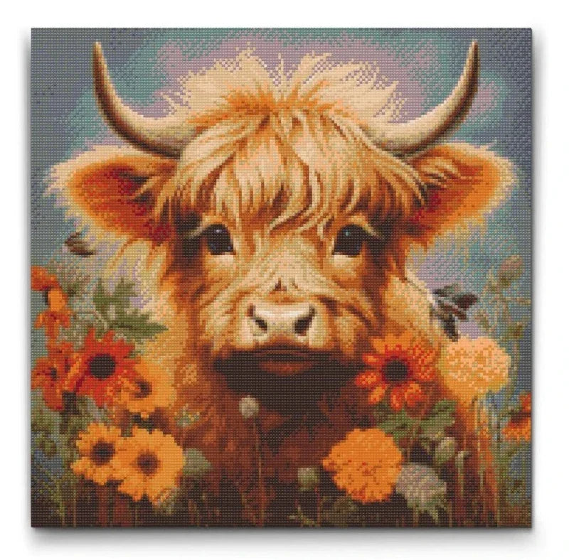 Highland Cow in Flower Meadow Diamond Painting Kit by Nordik Atelier